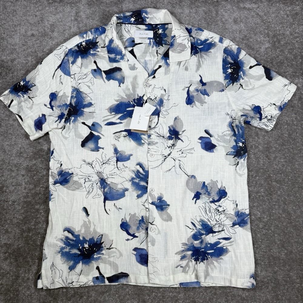 NWT Porter & Ash Shirt Men's Large Blue Floral Linen Blend Button Up Camp Collar